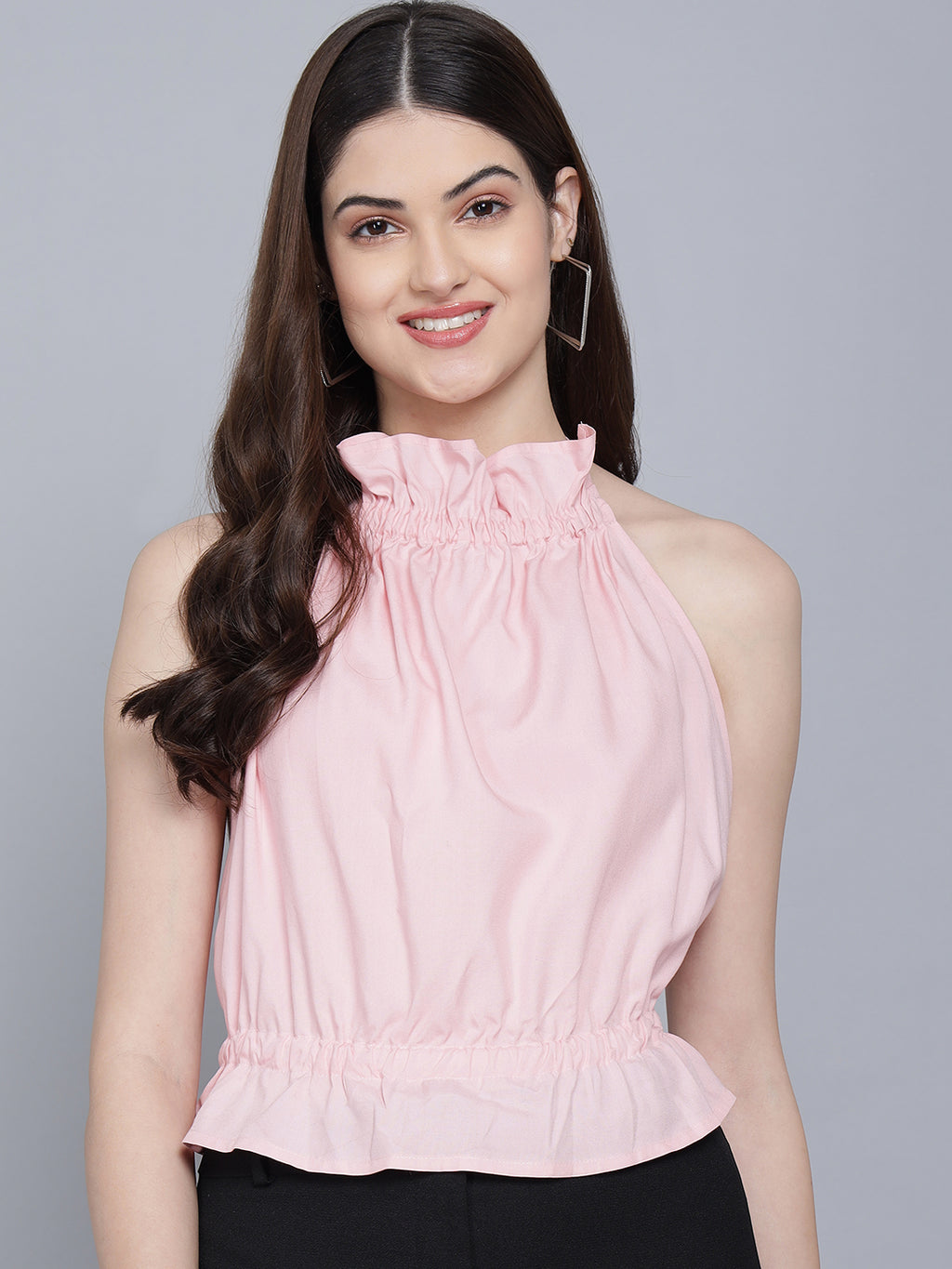 Flamboyant Women Solid Pink Sleeveless Backless Top 1st
