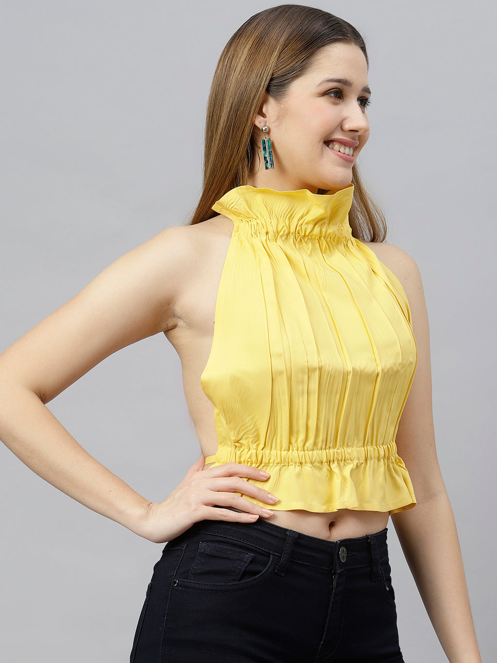 Flamboyant Women Solid Yellow Halter Neck Backless Top 2nd
