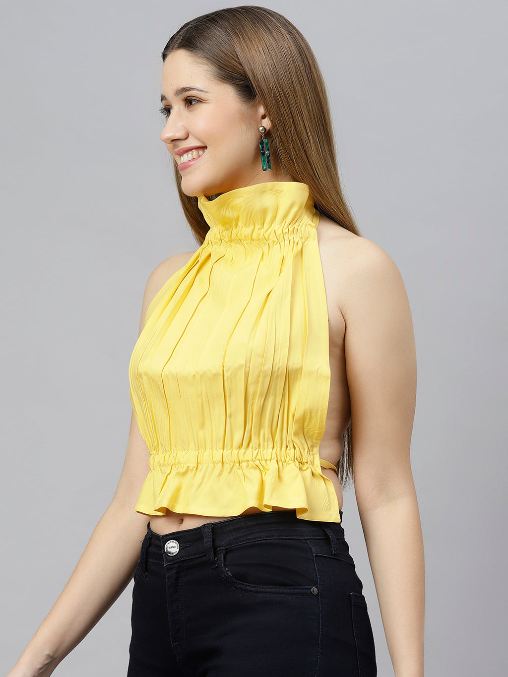 Flamboyant Women Solid Yellow Halter Neck Backless Top 4th
