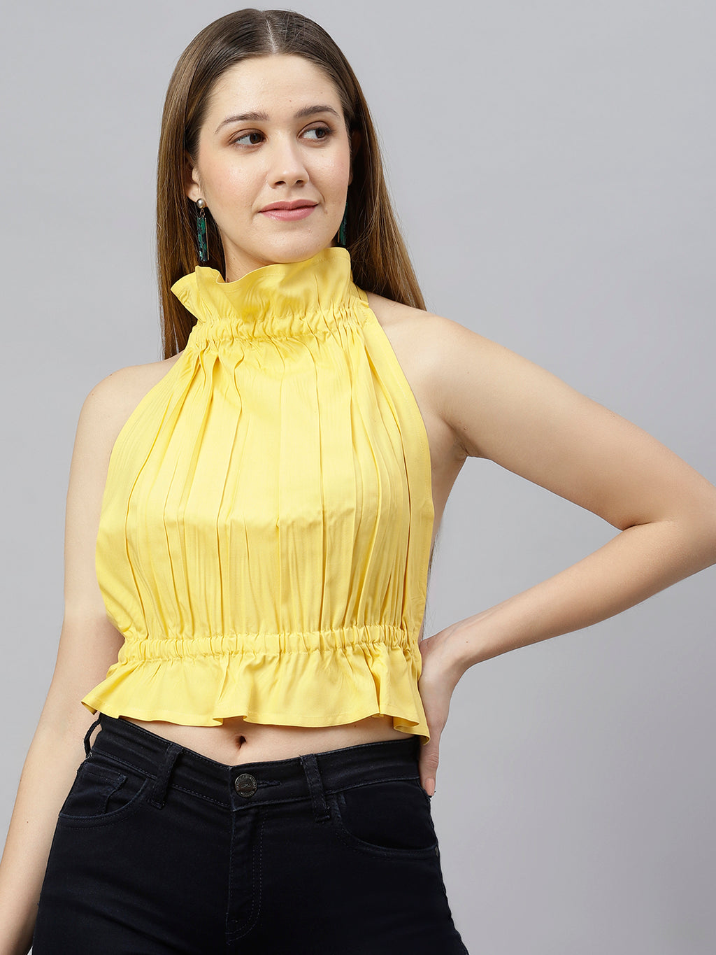 Flamboyant Women Solid Yellow Halter Neck Backless Top 5th
