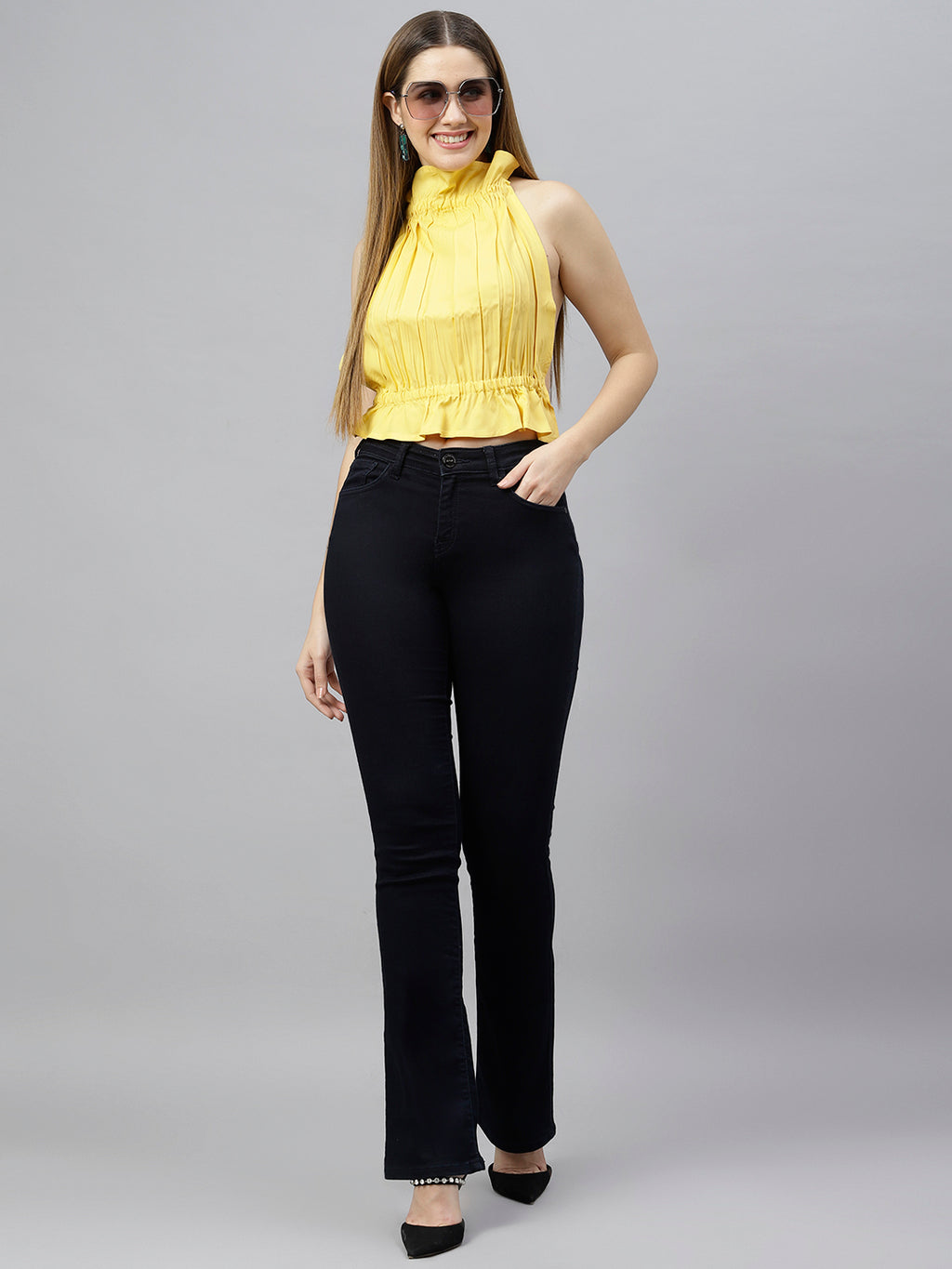 Flamboyant Women Solid Yellow Halter Neck Backless Top 6th

