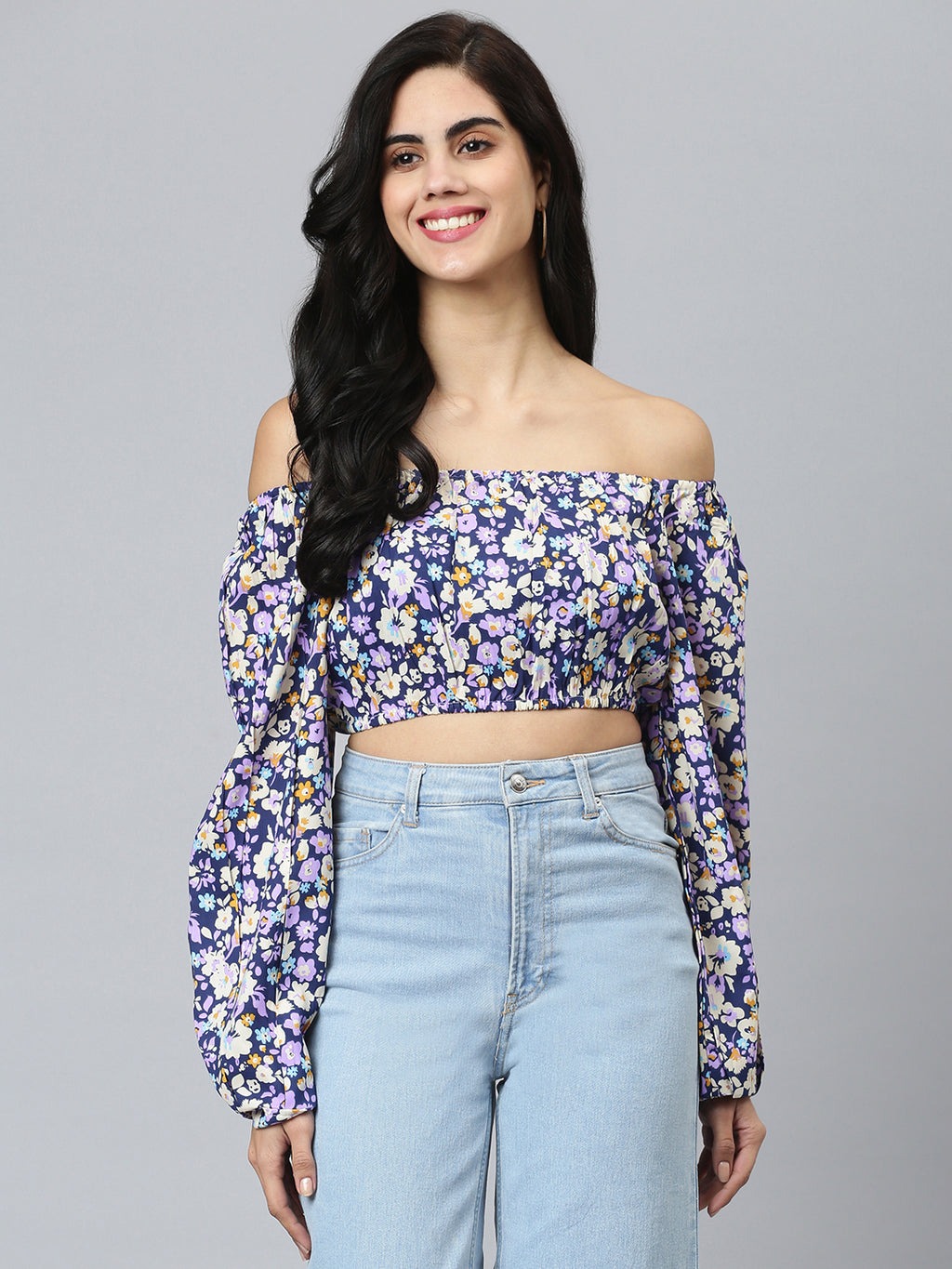FLAMBOYANTTREND Blue Floral Crop Top By Flamboyant Top