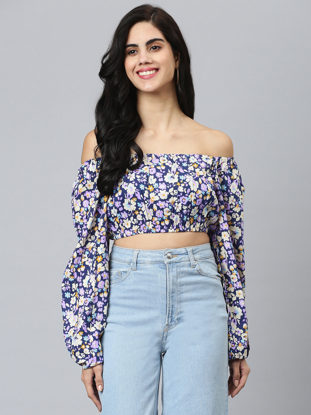 FLAMBOYANTTREND Blue Floral Crop Top By Flamboyant Top