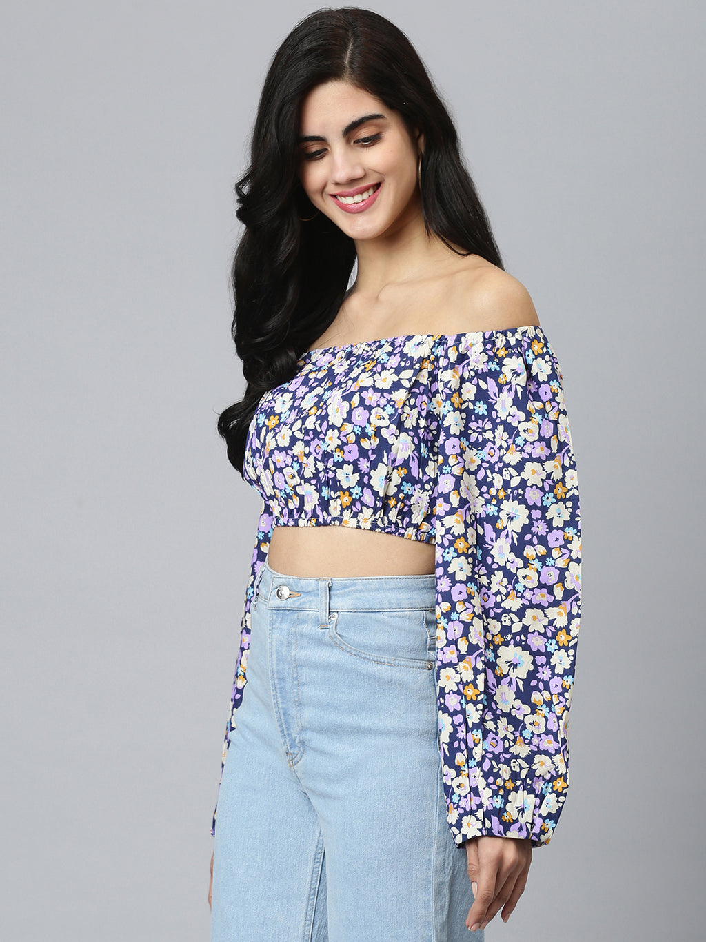 FLAMBOYANTTREND Blue Floral Crop Top By Flamboyant Top