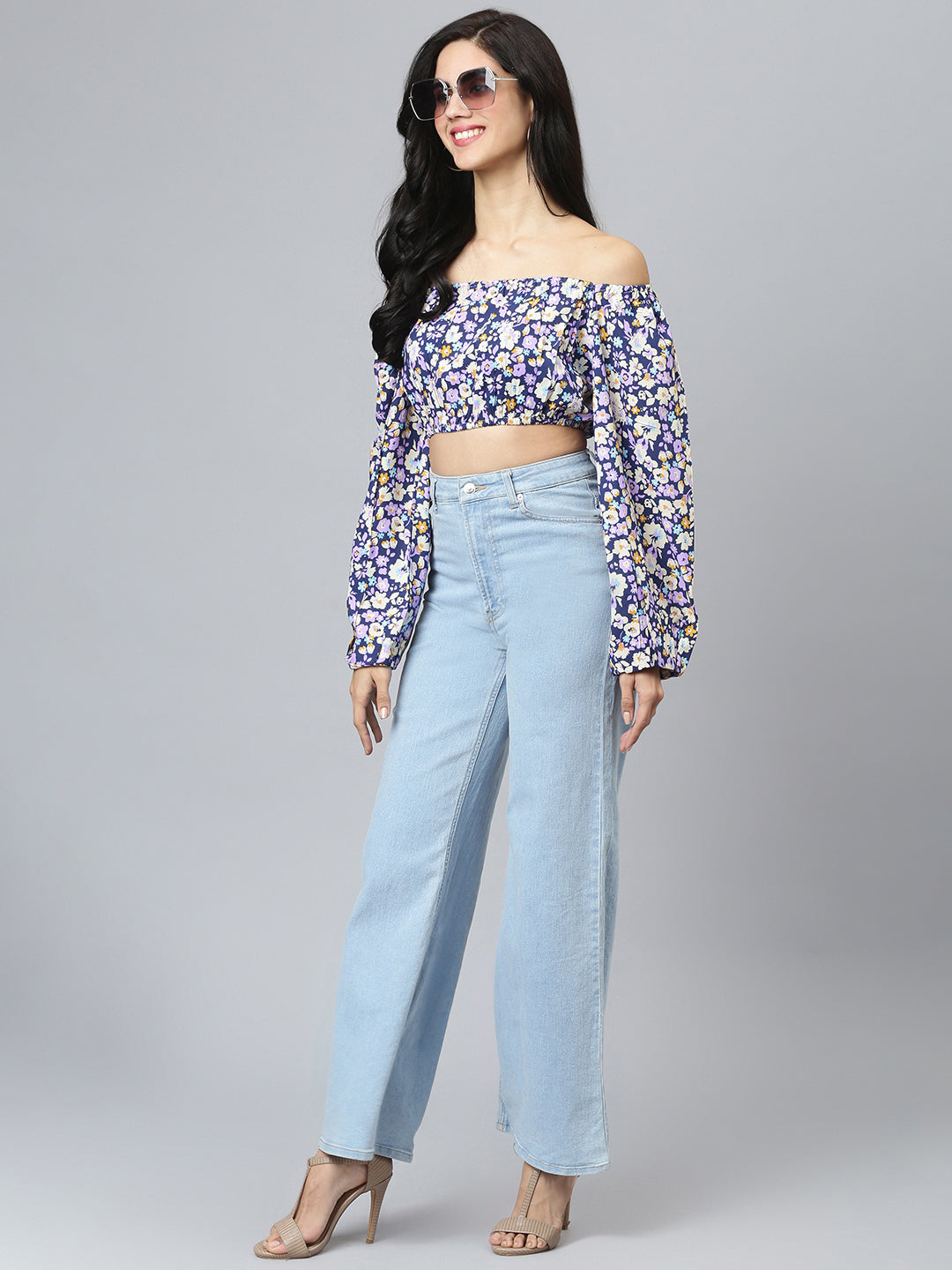 FLAMBOYANTTREND Blue Floral Crop Top By Flamboyant Top