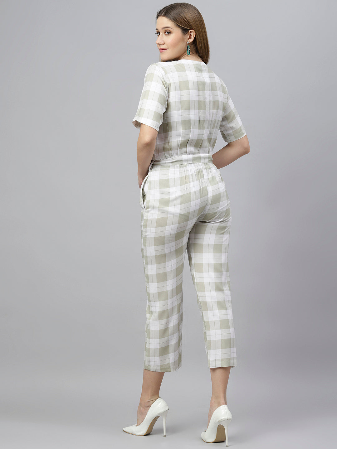 FLAMBOYANTTREND Green White Checked Jumpsuit By Flamboyant Jumpsuit