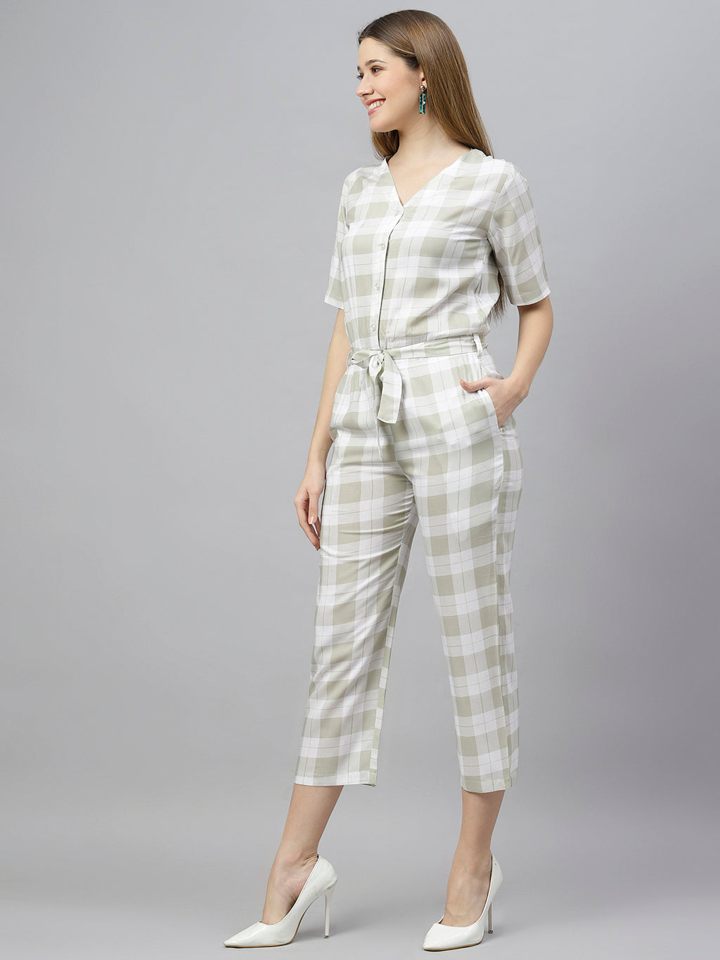 FLAMBOYANTTREND Green White Checked Jumpsuit By Flamboyant Jumpsuit