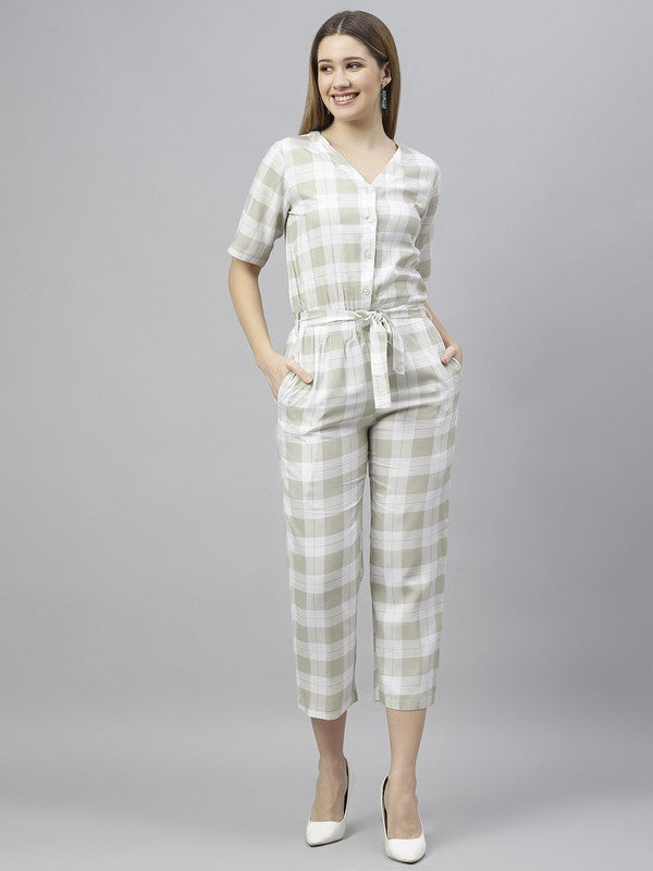 FLAMBOYANTTREND Green White Checked Jumpsuit By Flamboyant Jumpsuit