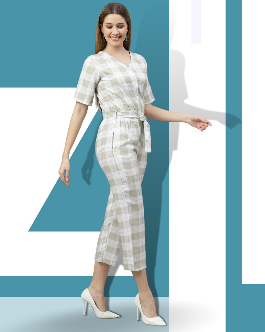 FLAMBOYANTTREND Green White Checked Jumpsuit By Flamboyant Jumpsuit
