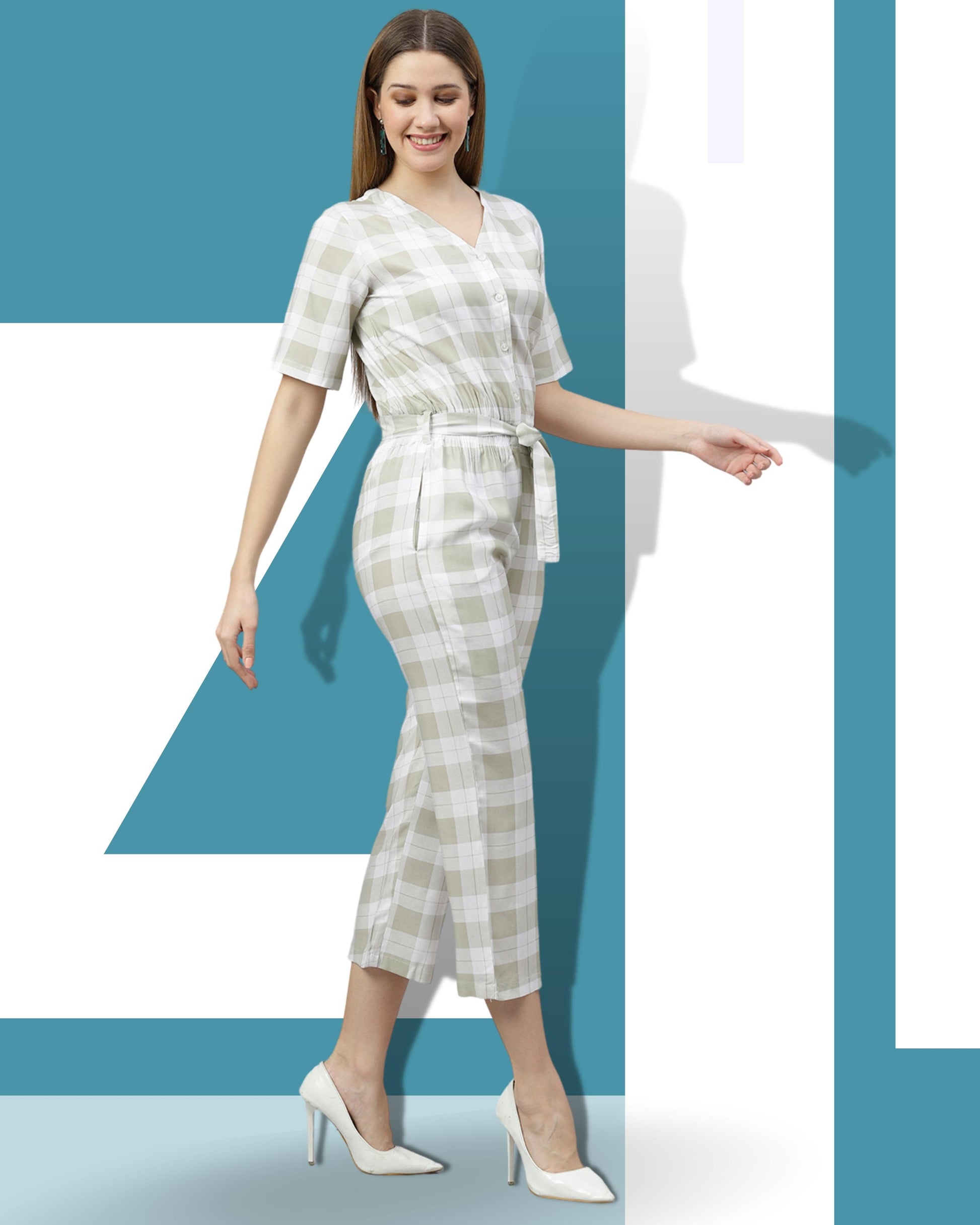FLAMBOYANTTREND Green White Checked Jumpsuit By Flamboyant Jumpsuit