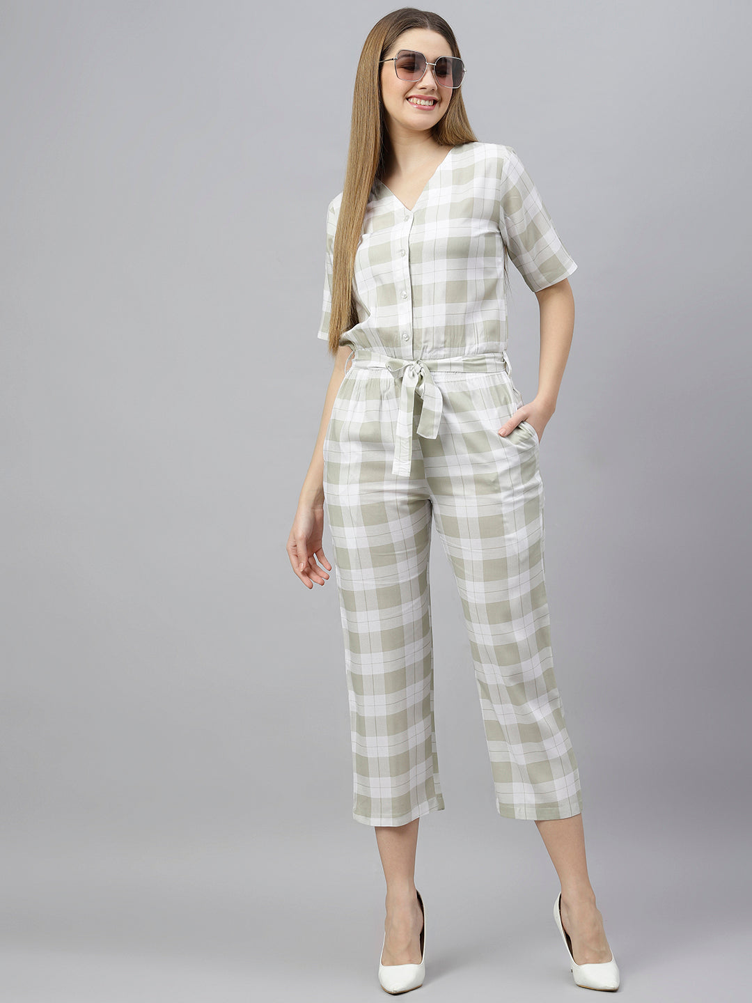 FLAMBOYANTTREND Green White Checked Jumpsuit By Flamboyant Jumpsuit