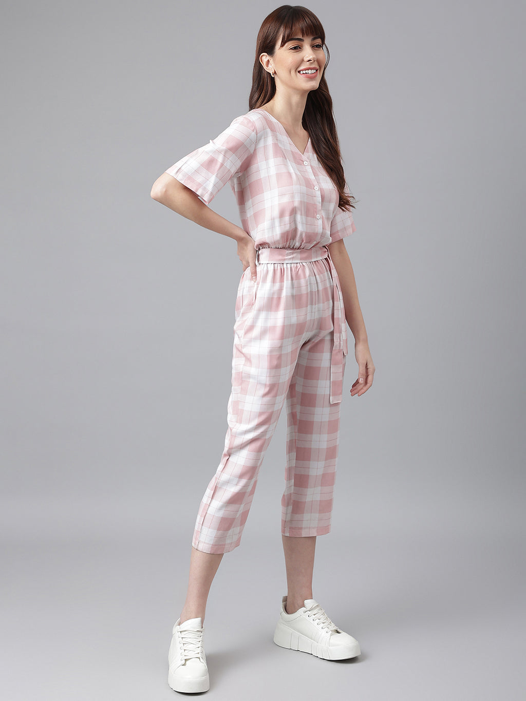 FLAMBOYANTTREND Pink White Checked Jumpsuit By Flamboyant Jumpsuit