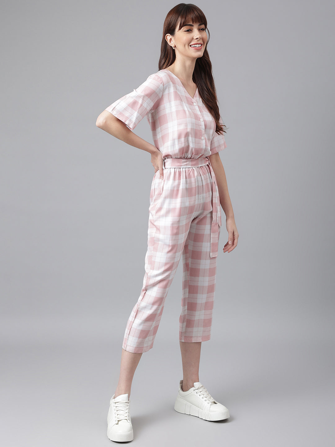 FLAMBOYANTTREND Pink White Checked Jumpsuit By Flamboyant Jumpsuit