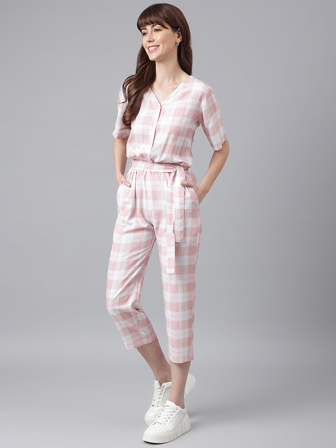 FLAMBOYANTTREND Pink White Checked Jumpsuit By Flamboyant Jumpsuit