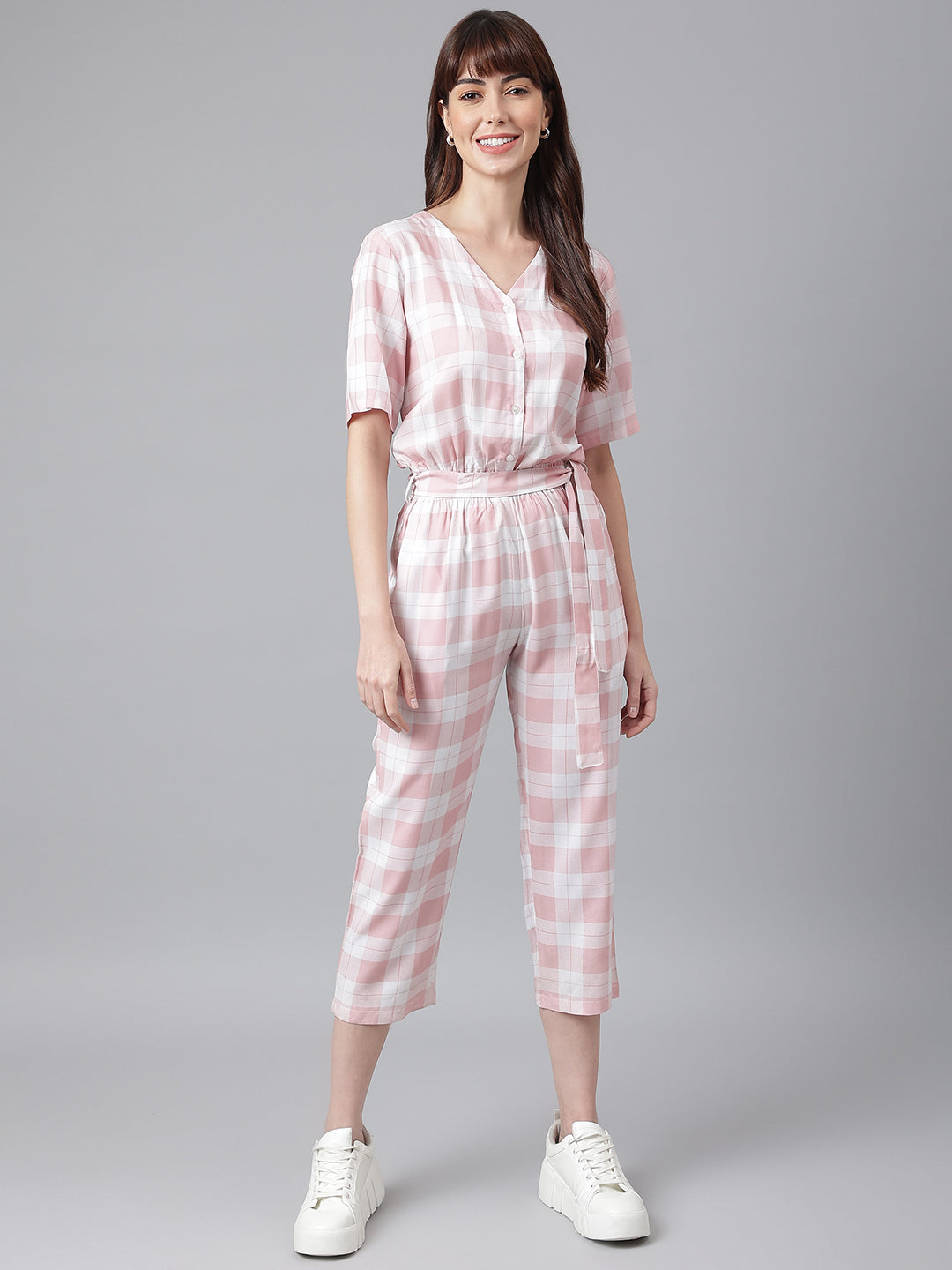 FLAMBOYANTTREND Pink White Checked Jumpsuit By Flamboyant Jumpsuit