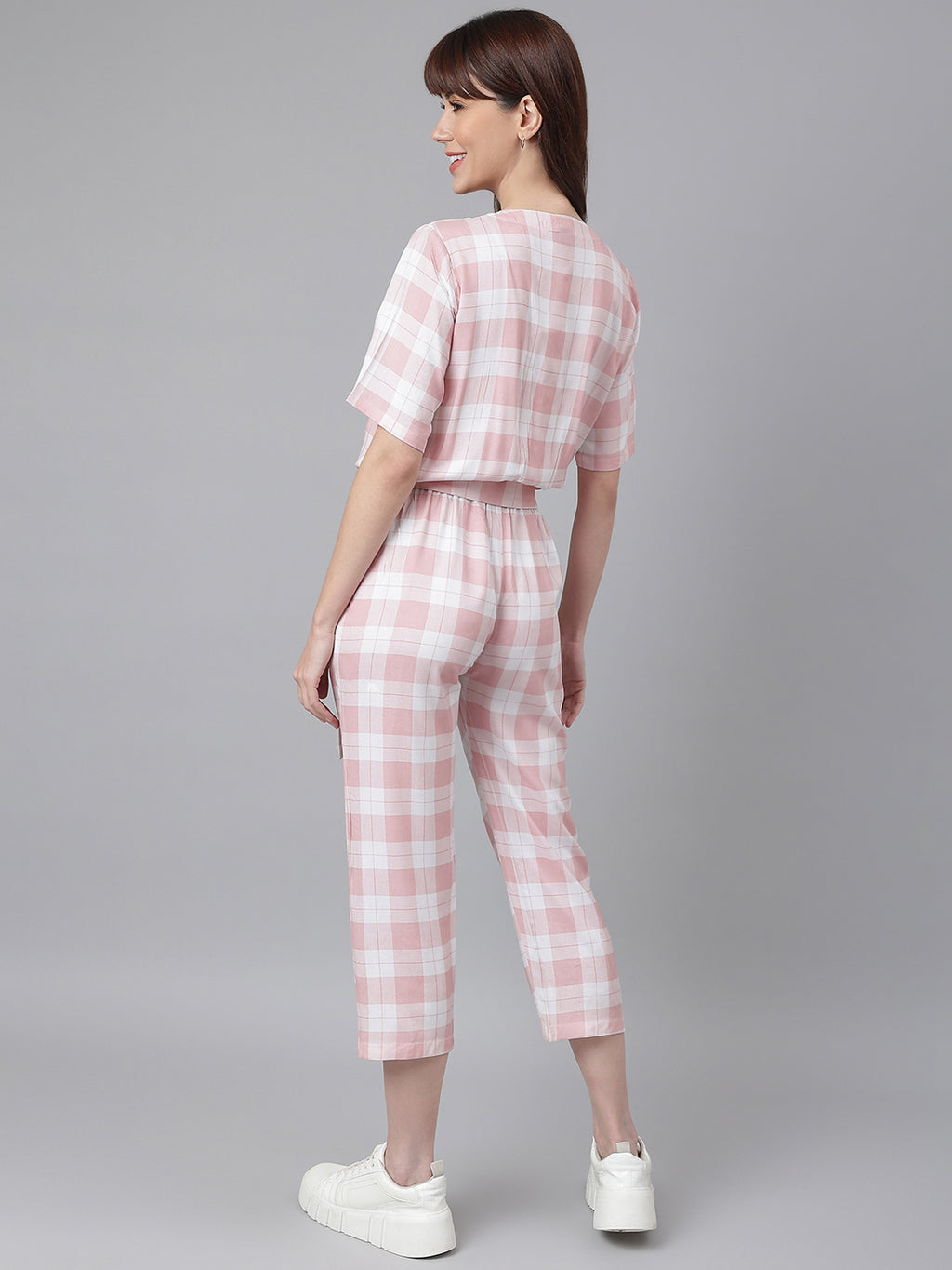 FLAMBOYANTTREND Pink White Checked Jumpsuit By Flamboyant Jumpsuit