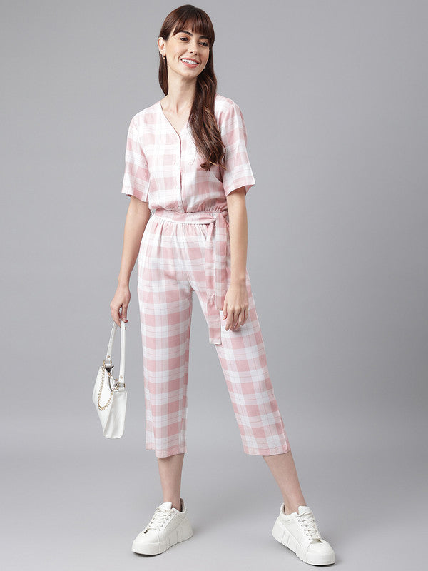 FLAMBOYANTTREND Pink White Checked Jumpsuit By Flamboyant Jumpsuit