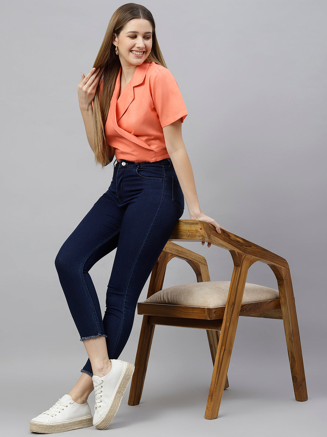 FLAMBOYANTTREND Orange Solid Crop Wrap Top By Flamboyant Tops