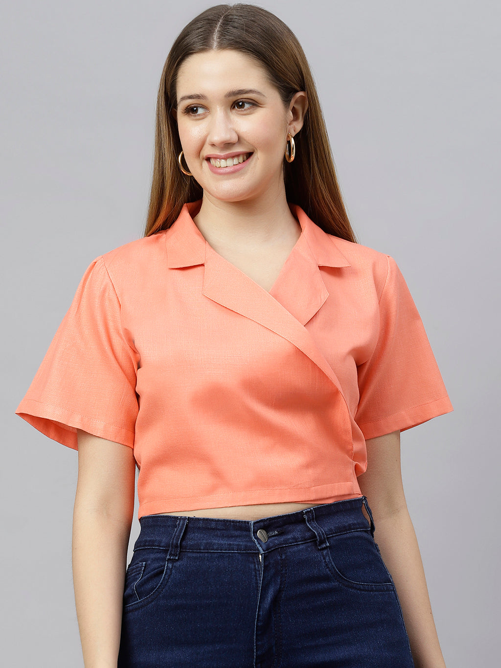 FLAMBOYANTTREND Orange Solid Crop Wrap Top By Flamboyant Tops