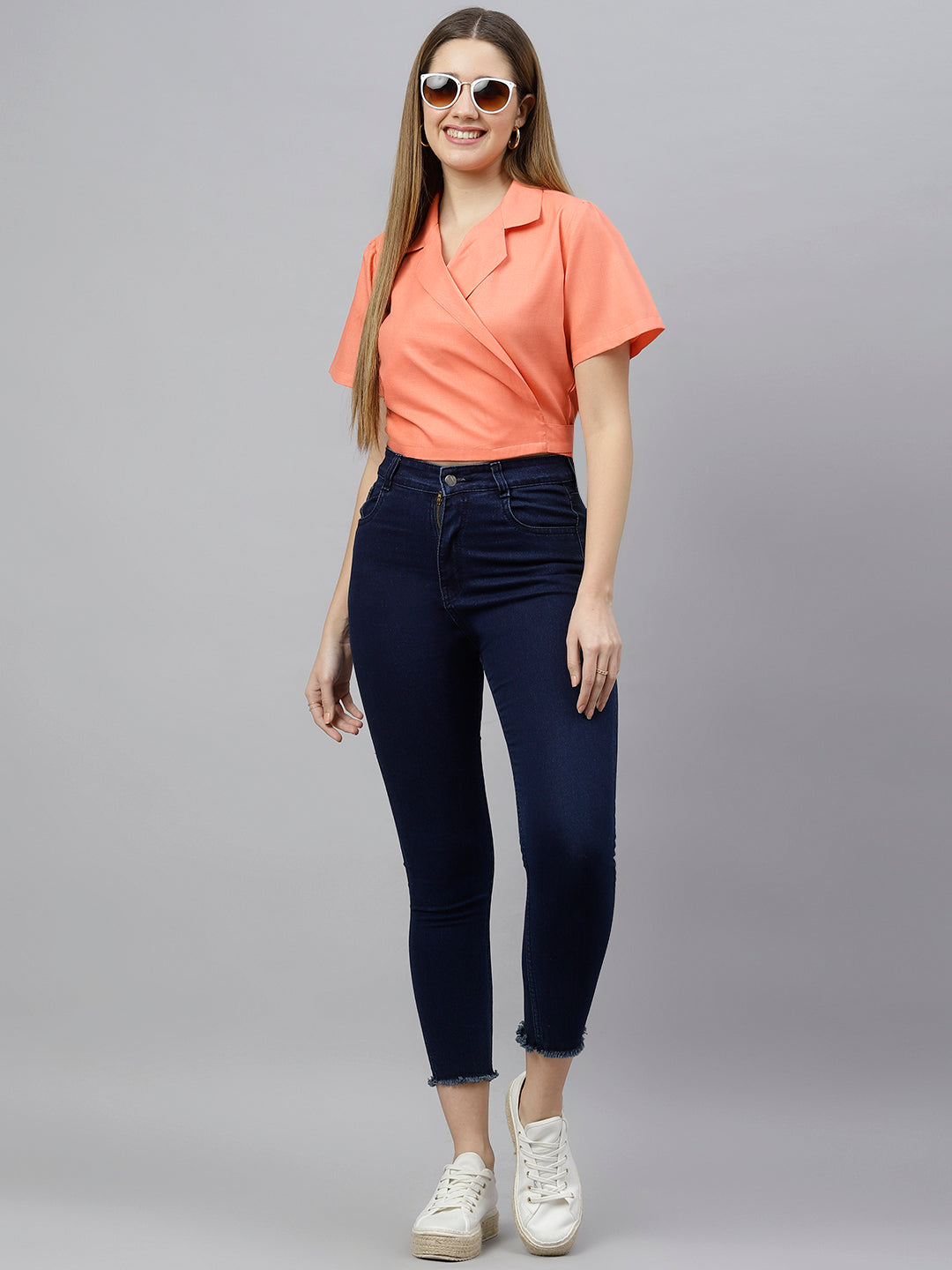 FLAMBOYANTTREND Orange Solid Crop Wrap Top By Flamboyant Tops