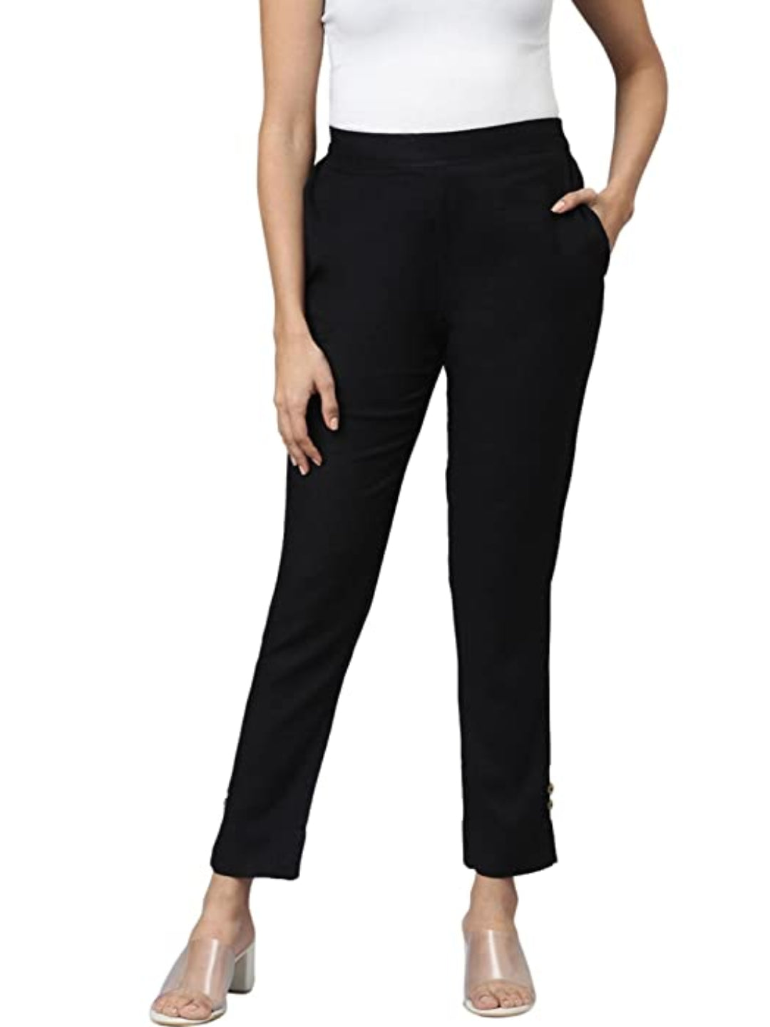 Solid Colour Long Fit Black Pant For Women 1st
