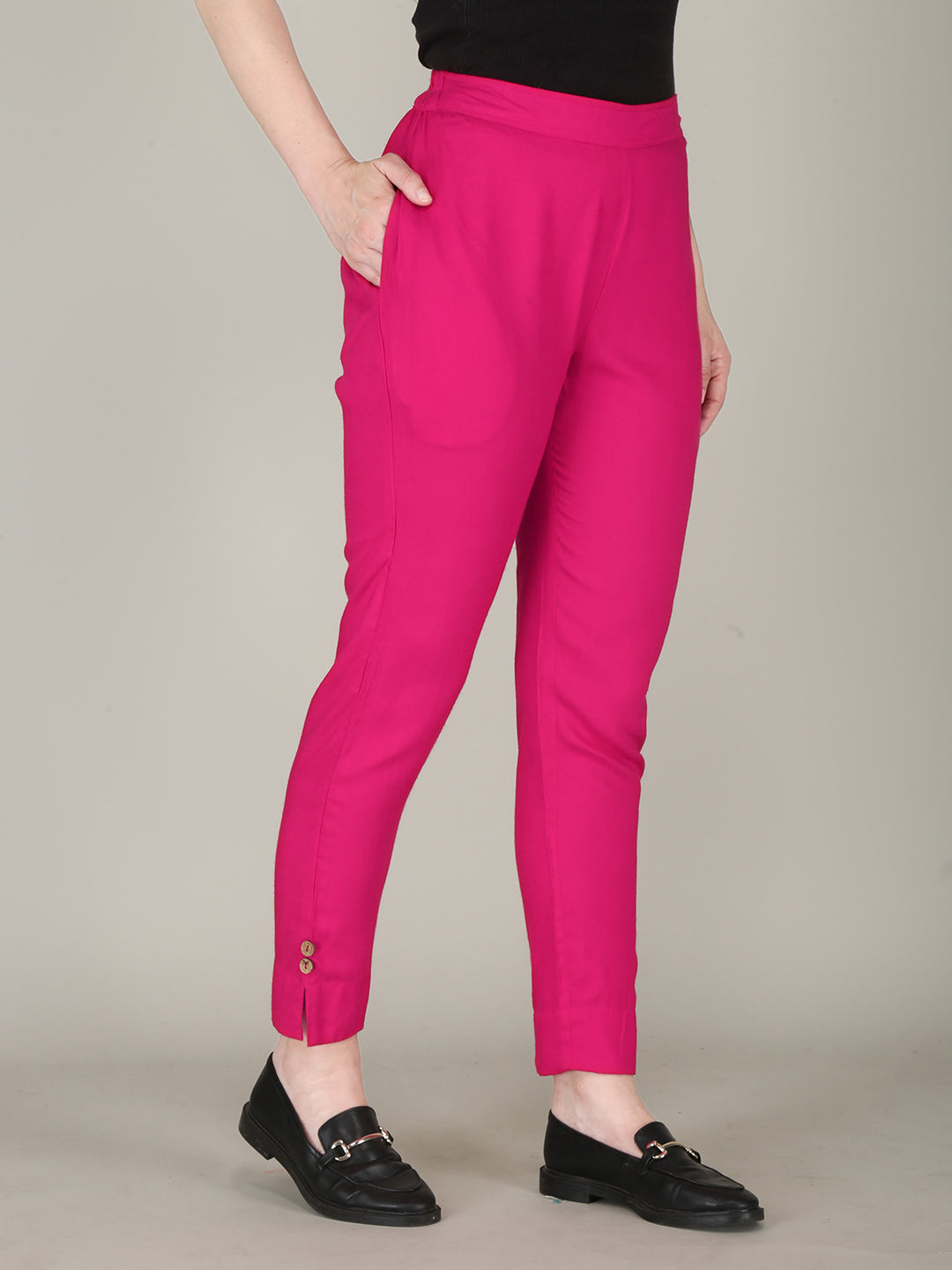 Solid Colour Long Fit Pink Pant For Women 3rd
