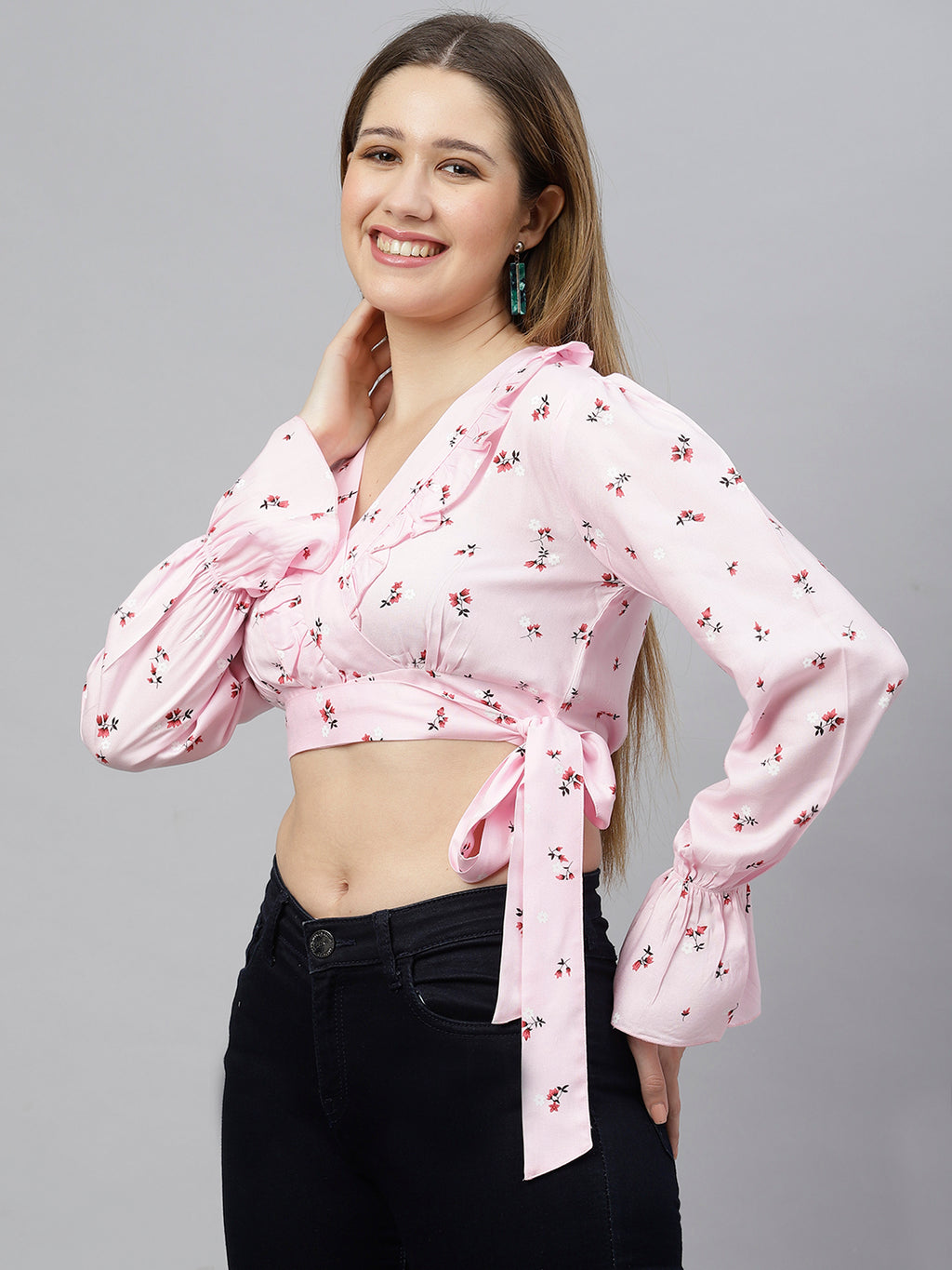 FLAMBOYANTTREND Pink Floral Printed Crop Top By Flamboyant Top