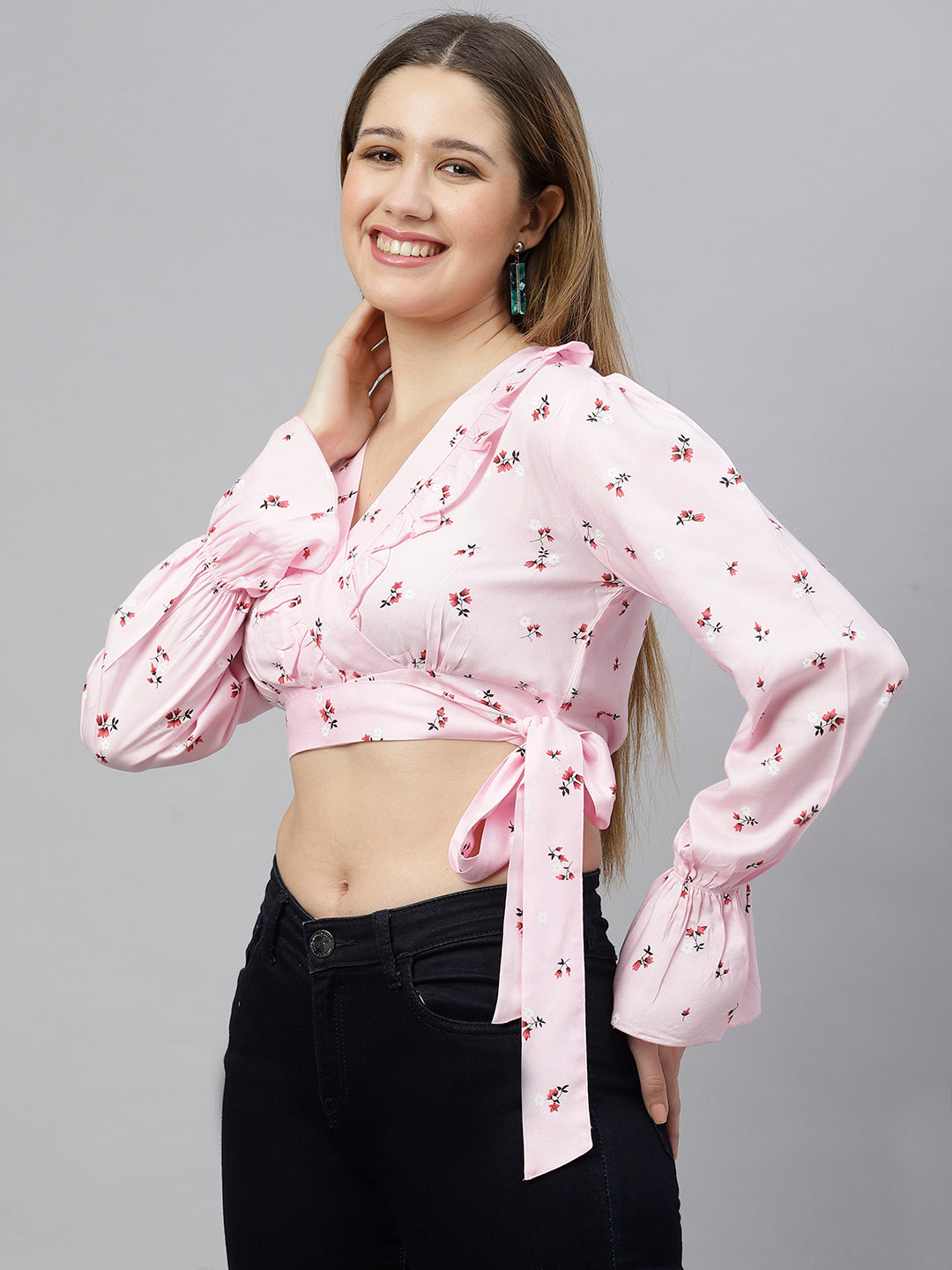 FLAMBOYANTTREND Pink Floral Printed Crop Top By Flamboyant Top