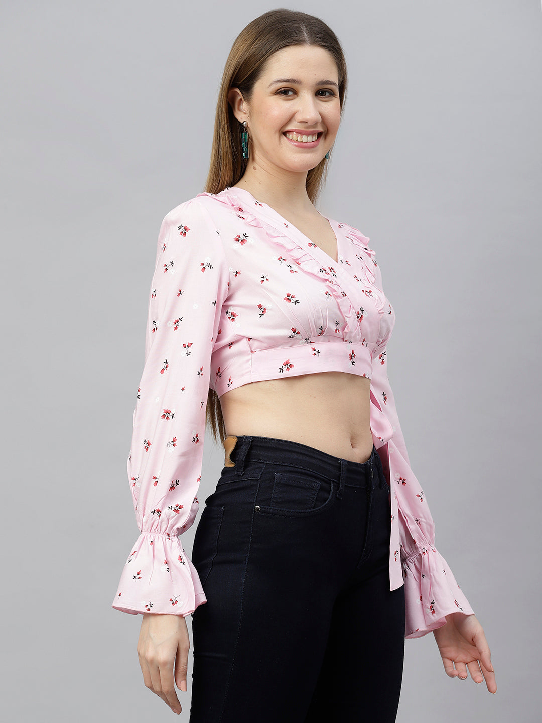 FLAMBOYANTTREND Pink Floral Printed Crop Top By Flamboyant Top