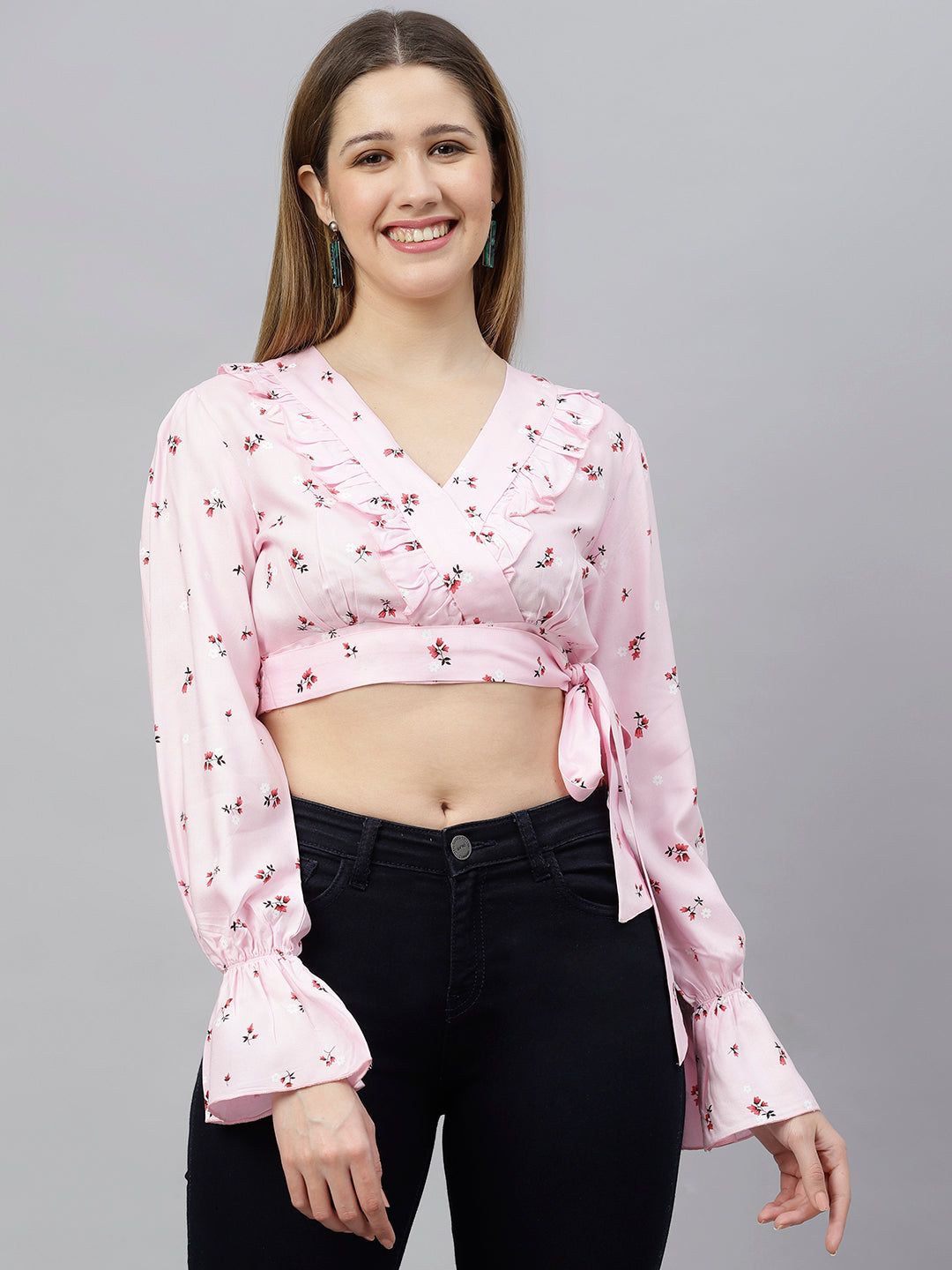 FLAMBOYANTTREND Pink Floral Printed Crop Top By Flamboyant Top