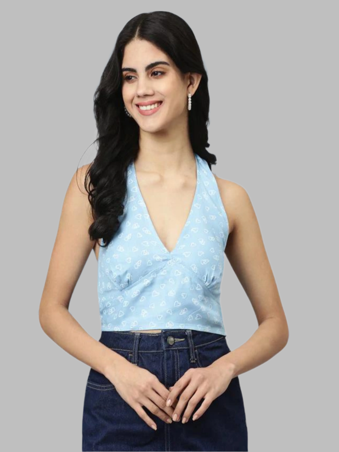 Women Floral Printed Halter Neck Styled Back Backless Top 1st
