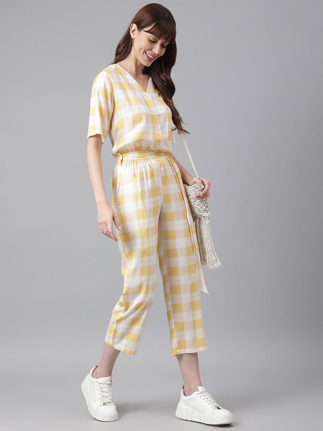 FLAMBOYANTTREND Yellow White Checked Jumpsuit By Flamboyant Jumpsuit