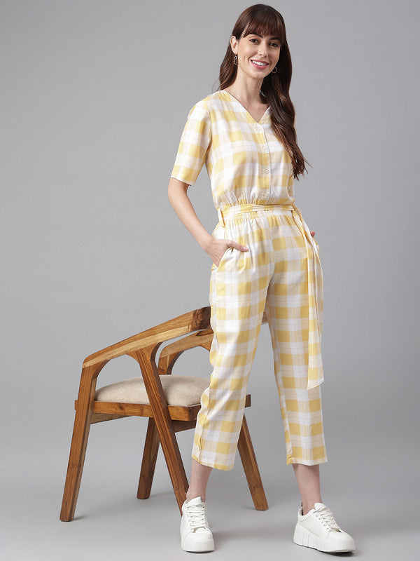 FLAMBOYANTTREND Yellow White Checked Jumpsuit By Flamboyant Jumpsuit