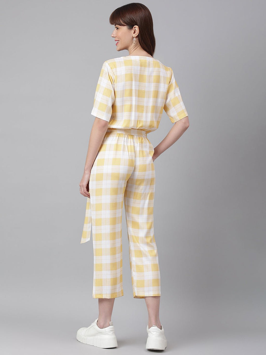 FLAMBOYANTTREND Yellow White Checked Jumpsuit By Flamboyant Jumpsuit