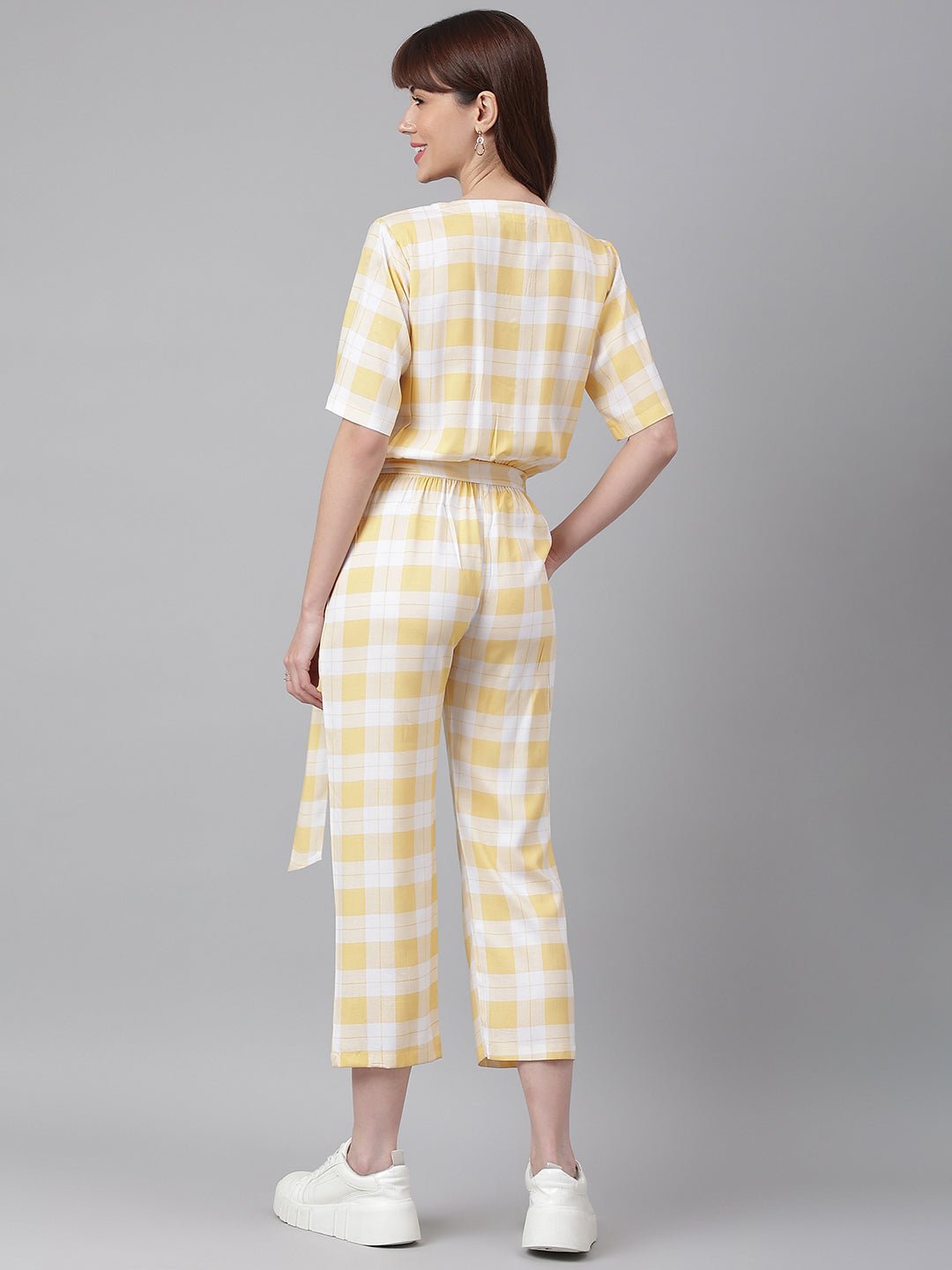 FLAMBOYANTTREND Yellow White Checked Jumpsuit By Flamboyant Jumpsuit