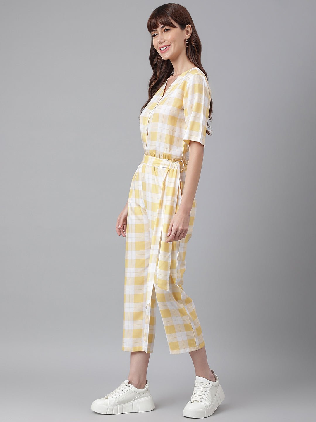 FLAMBOYANTTREND Yellow White Checked Jumpsuit By Flamboyant Jumpsuit