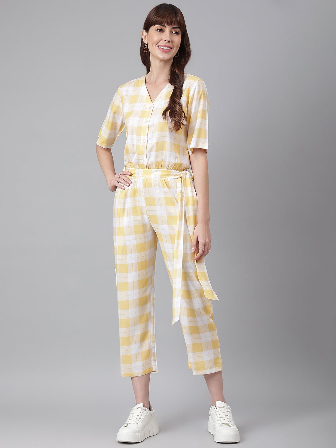 FLAMBOYANTTREND Yellow White Checked Jumpsuit By Flamboyant Jumpsuit