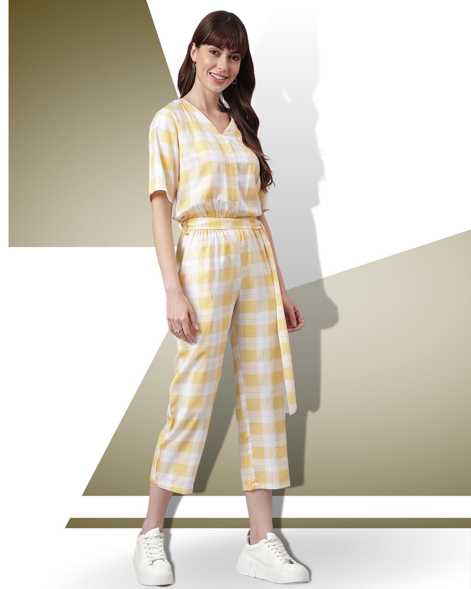 FLAMBOYANTTREND Yellow White Checked Jumpsuit By Flamboyant Jumpsuit