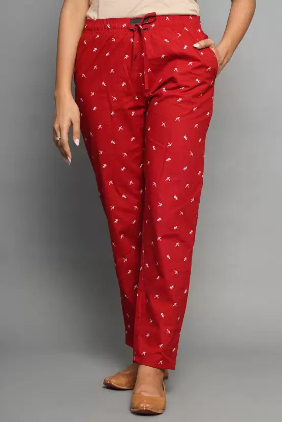 Women Printed Cotton Pyjama (Red)